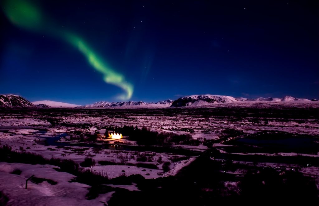 Snow-covered Iceland and the Northern Lights